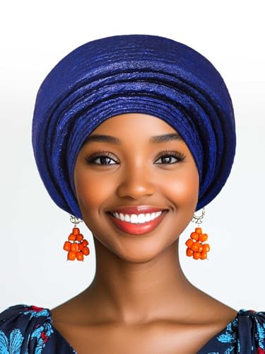 Woeoe African Head Wraps for Black Women Gold Pre Tied Headdress Wedding Turban Hats - color: Royal Blue