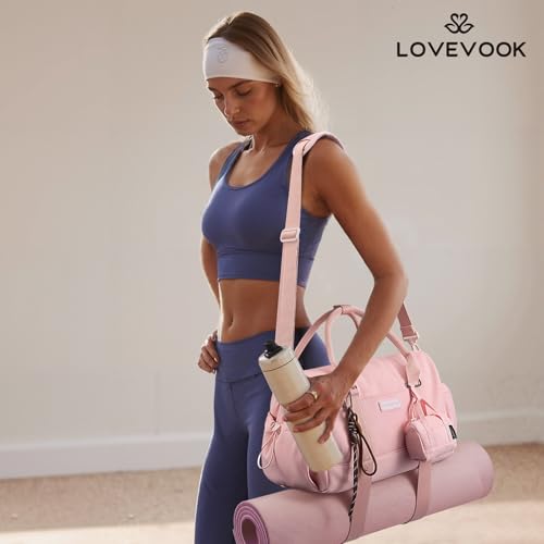 LOVEVOOK Small Gym Bag for Women with Yoga mat Holder, Mini Duffle Bag for Travel with Wet Pocket, Overnight Personal Item Bags (Pink (mesh), 14.5 inch-Small-2Pcs) - color: Pink (mesh), size: 14.5 inch-Small-2Pcs