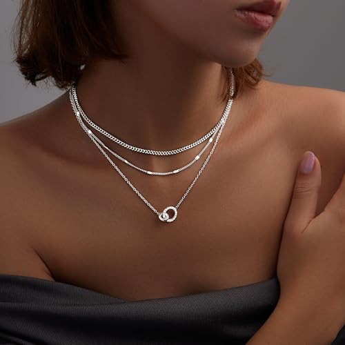 WomenGifts Layered Gold Necklaces for Women, 14K Gold Sterling Silver Plated Dainty Pendant Necklace Set Non Tarnish, Chunky Stackable Cuban Chain Choker, Trendy Birthstone Vacation Jewelry Gift - color: Silver, style: Double Circle