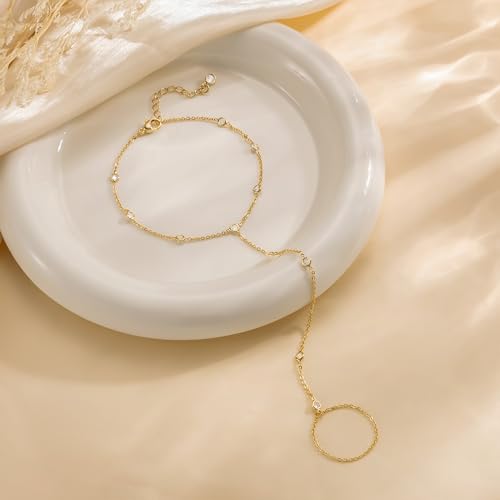 Risamil 14K Gold Plated Hand Chain Bracelets for Women Trendy, Dainty 2PCS Ring Bracelet Hand Chain Finger Bracelets Layered Stackable Link Bracelets for Women Jewelry Gifts for Women - color: CZ-Gold