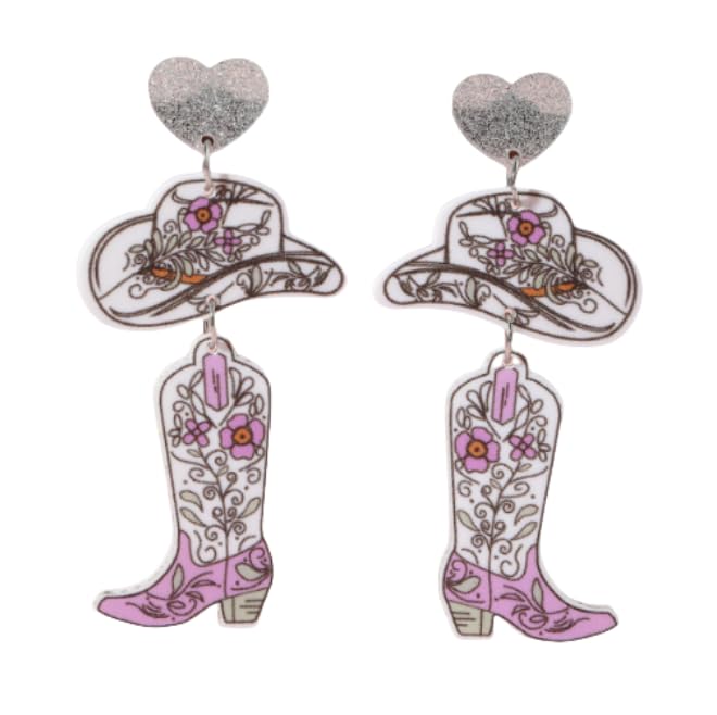 Western Cowboy Style Pink Heart Hat & Boot Acrylic Earrings Boho Festival Stackable Jewelry for Women - color: A