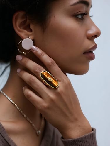 Tigers Eye Ring, Adjustable Stainless Steel Natural Stone Rings for Women, Vintage Chunky Gold Jewelry
