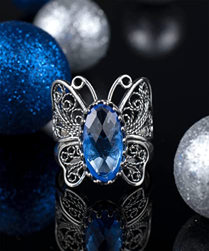 Filigranist Sterling Silver Filigree Art Butterfly Women Cocktail Ring with Gemstones - color: Blue Quartz