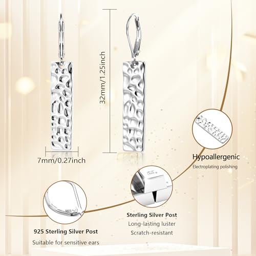ALEXCRAFT Hammered Silver Dangle Earrings for Women, 14K Gold Plated French Leverback Earrings, Hypoallergenic Lightweight Statement Hammer Square Bar Long Drop Earing for Women Trendy Jewelry Gifts - color: SilverC