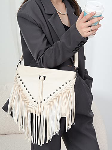 Hoce Women’s Leather Fringe Messenger Bag Large Hobo Crossbody Tassel Shoulder Bags, Gift for Mom Wife Girlfriend - color: Beige