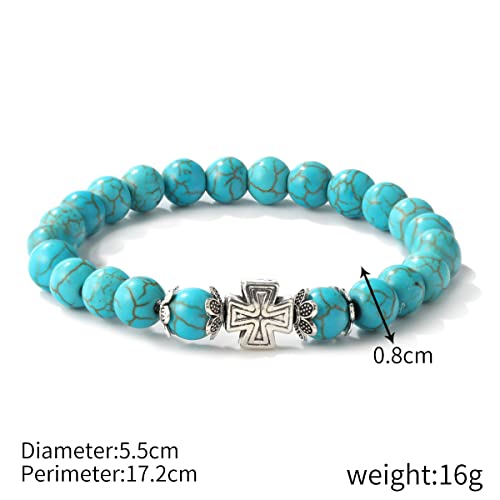 Turquoise Bracelet for Women, 8mm Beaded Stretchable Unisex Bracelet, Boho Turquoise Bead Bracelet Stone Beaded Bracelets Turquoise Jewelry for Women - color: Metal Cross