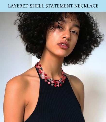 Noessla Layered Beaded Chunky Necklace for Women Boho Two-color Shell Statement Necklace Fashion Collar Costume Jewelry Gifts for Mum - color: Red