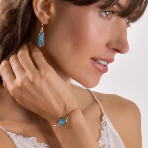Humble Chic NY Simulated Druzy Chain Bracelet for Women - Boho Stackable Adjustable Bolo Slider Bracelet - color: Gold - Blue Green Stone