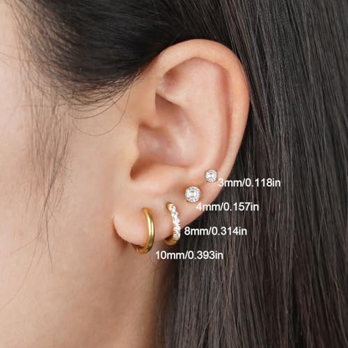 Gold Hoop Earrings Set: Dainty Stud Earrings 14K Gold Plated Earrings for Women Trendy Hypoallergenic Gold Stud Earrings 3-4mm Cubic Zirconia Cartilage Piercing Gold Jewelry for Women Gifts - color: Gold-CZ-4mm