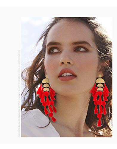 Long Tassel Earrings for Women Colorful Fringe Drop Dangle Earrings Bohemian Hawaiian Summer Beach Jewelry for Womens Vacation Outfits - color: Red