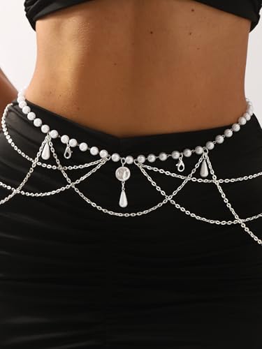 MODRSA Silver Gold Belt Chain Belt for Women Fashion Plus Size Pearl Waist Chains Metal Layered Gold Belts Chains no Tarnish Trendy Pirate Belly Belts for Women Dress Sun Moon Star Waist Jewelry - color: A2- Pearl - silver