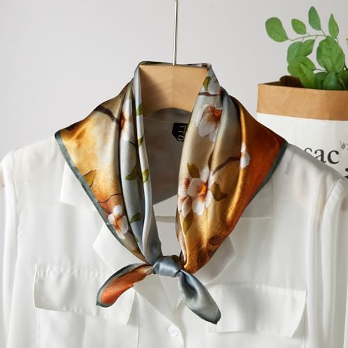 100% Mulberry Silk Neck Scarf 21''x21'' Small Square Hair Scarf for Women Men Lightweight Bandana Envelope Package - color: Flower Pattern-brown