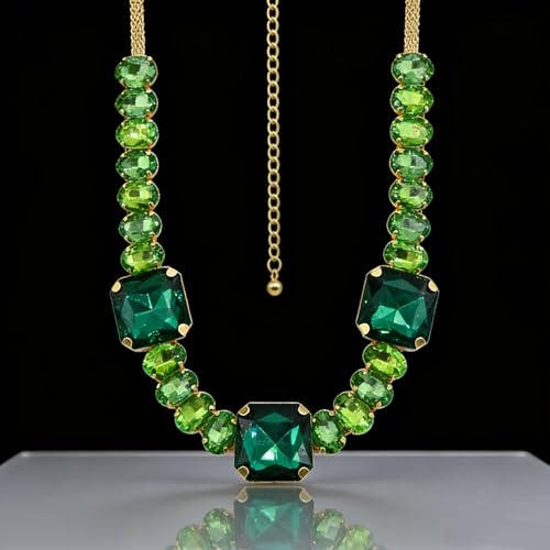 Fashionable Chunky Plated Tennis Rhinestone Statement Necklace Jewelry Set for Women Multicolor gem necklace with Great Sparkle and Shine Design for Women to Easy Match - color: emerald big rhinestone