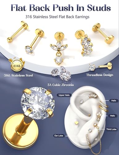 LOLIAS 16G/18G/20G Flat Back Earrings for Women Threadless Surgical Steel Stud Hoop Earrings Push in Nose Studs Hypoallergenic CZ Cartilage Earring Set Labret Helix Tragus Conch Piercing Jewelry - color: 14K Gold, size: 20G(0.8MM)-Leaf&Wings