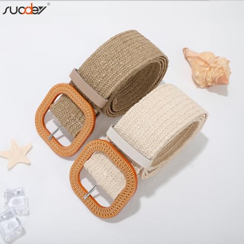 SUOSDEY 2 Pack Straw Woven Elastic Belt Braided Stretch Wide Boho Rattan Waist Belt for Women Dresses - color: 02-khaki+beige, size: Fit Waist up to 40''