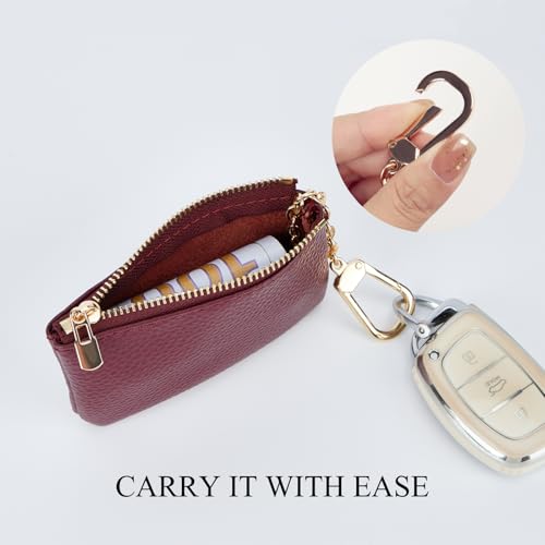 Full Grain Leather Coin Purse with Key Chain - Small Change Purse Keychain Card Holder Keychain Pouch Small Keychain Wallet for Women and Men (Burgundy) - color: Burgundy, Regular Size