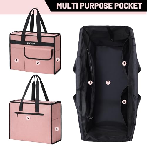 Large Utility Tote Bag with Reinforced Bottom, Waterproof Multi Pockets Beach Tote Bag for Travel, Work, School - color: Pink