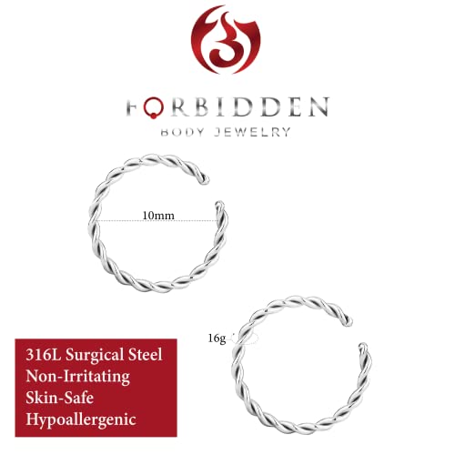 Forbidden Body Jewelry Nose Rings Set Surgical Steel Braided Hoops for Pierced and Fake Nose and Cartilage Piercings 14G-20G - style: 16g 10mm Silver Tone (2pcs)