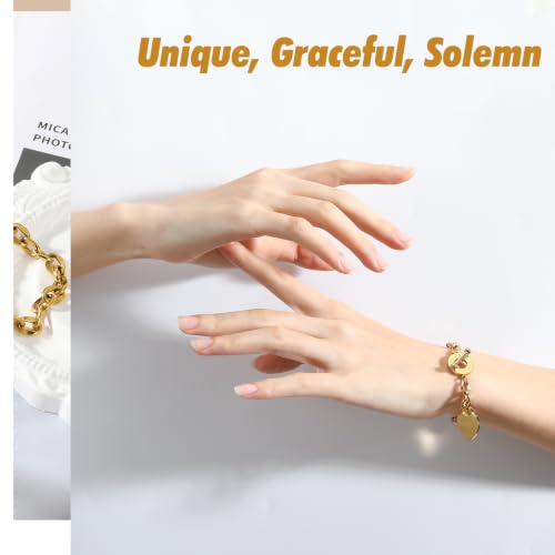 Emibele Heart Charm Bracelet for Women, Bible Verse Bracelet Stainless Steel 18K Gold Plated Bracelet Love Pendant Link Chain OT Clasp, Birthday Christmas Jewelry Gift for Mother Her - color: 14K Gold Heart
