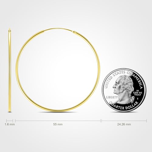 Gold Hoop Earrings for Women, 14K Gold Earrings for Women, Dainty Gold Vermeil Endless Thin Hoops, 14K Gold Plated 925 Sterling Silver, 35/45/55mm - size: 55mm
