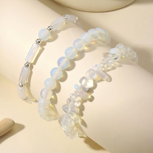 3Pcs Natural Stone Bracelets for Women 8mm Crystal Beaded Bracelets Handmade Stretch Bracelet Healing Crystal Jewelry for Women - style: Moonstone