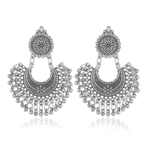 Boho Antique Carved Flower Dangle Drop Earrings for Women Vintage Retro Handmade Hollowed Antiqued Bronze Floral Shaped Geometric Gold Silver Plated Hoop Earrings for Ethnic Style Jewelry Gifts - color: Silver tassel