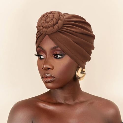 DRESHOW 5 Pack Knotted Headwraps for Women African Turban Pre-Knotted Beanie Headwraps Hair Covers - color: 5 Pcs Donut Flower: White, Yellow, Navy Blue, Dark Coffee, Black