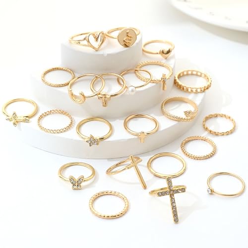 Gold Rings for Women Non Tarnish Stackable Rhinestone Moon Star Rings Dainty Stacking Pearl Butterfly Midi Pinky Thumb Joint Finger Knuckle Ring Set Gold Non Tarnish Jewelry Gifts Trendy Stuff - color: K Silver Stackable Rings 22Pcs