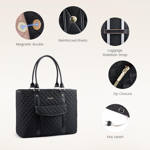 LOVEVOOK Laptop Tote Bag for Women 15.6 Inch,Waterproof Computer Bag for Laptop for Womens,Quilted Travel Work Tote Bags for Women,Stylish Laptop Bag Purse with Luggage Sleeve for Teacher,Nurse,Office - color: Black(quilted)-2, size: 15.6 Inch