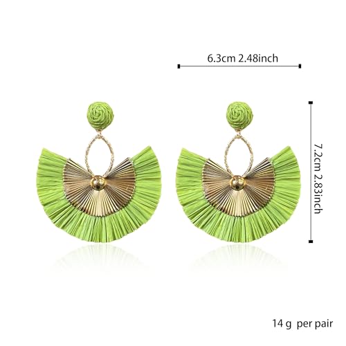 Anmpab Straw Fan Bohemian Tassel Earrings for Women Trendy Colorful Fringe Summer Beach Statement Earrings - color: Green