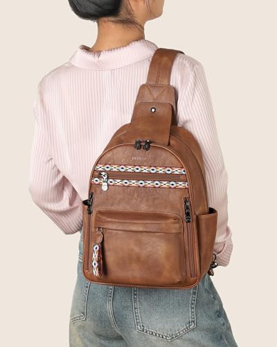 FADEON Large Sling Bag for Women, Leather Crossbody Purse Designer Anti Theft Sling Backpack, RFID Fanny Packs for Travel - color: 1 Brown Retro Style