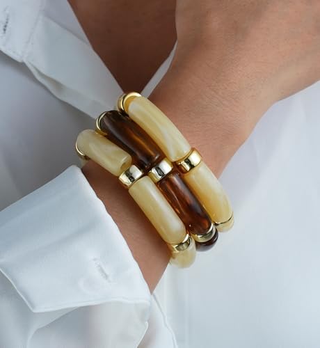 iF YOU 6pcs Chunky Acrylic Bangle Bracelets for Women, Resin Bamboo Brown Stretchy Bracelet Stack, Fashion Jewelry for Women - color: 6pcs-beige & brown bracelets