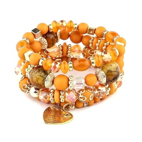 Women Beaded Bracelet Set | Colorful Boho Stackable Trendy Design with Crystal Accents Multilayer Bangle Bracelet | Fashion Stretch Braclets Jewelry for Women - color: Orange
