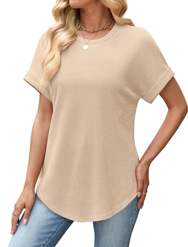 Sampeel Summer Tops for Women 2026 Trendy Rolled Short Sleeve Shirts Waffle Knit Crew Neck Tops Curved Hem Fashion Clothing - color: Beige, size: Small