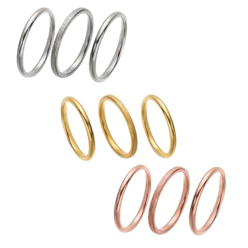 9 Pack Stackable Rings for Women - Dainty Titanium Steel Womens Ring, Silver, Gold, Rose Gold, Triple Band Design, Textured and Smooth Finish,Minimalist Thin Rings for Daily/Wedding/Party