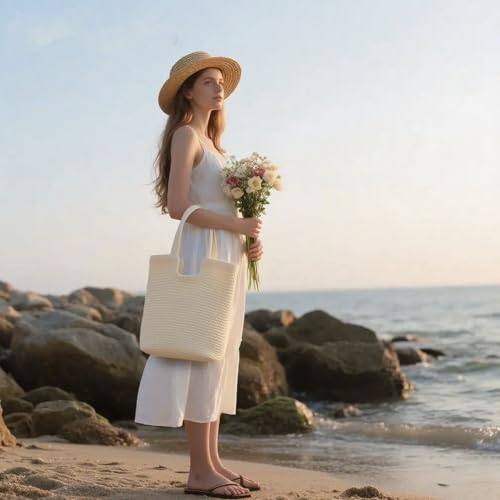 Crochet Beach Bags for Women Woven Purses Shoulder Bag Tote Handbag Summer Beach Purse - color: Wy11-white