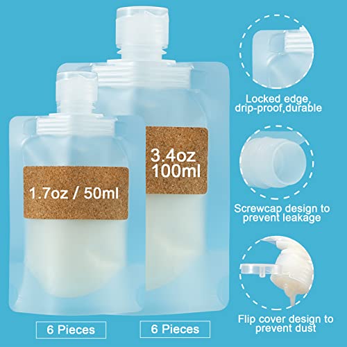 TailaiMei 12 Pieces Travel Pouches for Toiletries, TSA Approved Portable Travel Size, Refillable Stand Up Pouch for Shampoo/Conditioner/Lotion (1.7 &3.4 oz) - size: 12 Pcs 3.4 Ounce