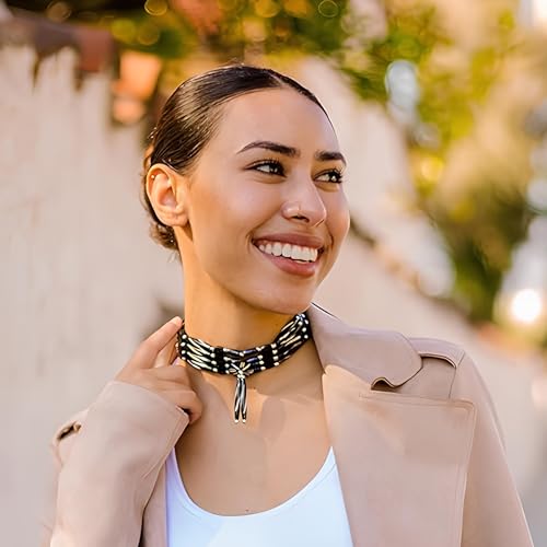 Native American Style Bone Choker Necklace, Carved mocha 4 Row | American Indian Inspired Jewelry With Authentic Buffalo Bone Hairpipe Beads