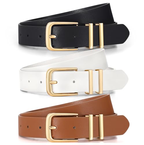 3 Pack Women's Belts for Jeans Pants Dresses Fashion Ladies Leather Waist Belt with Buckle Leather Belts - color: Black+brown+white(gold), size: Fit Waist Size 42-46in