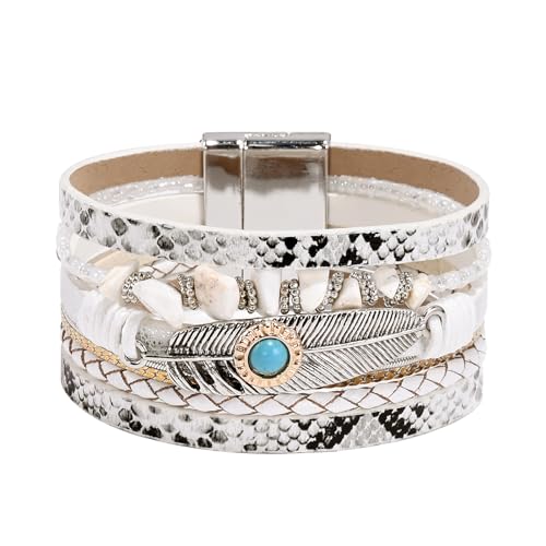 VIBILIA Boho Leather Wrap Bracelets for Women Men Multi-Layer Bracelets with Strong Clasp Western Jewelry - color: 09-Gravel Feather-White
