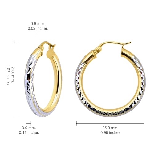 Hoops & Loops 925 Sterling Silver Diamond-Cut Round Hoop Textured 3mm Click-Top Earrings for Women, Slver, Two-Tone 14K Yellow Gold Flash Plate 15/20/25/30/35/40/45/50mm Hoops - color: Two-Tone Gold & Silver, size: 25mm (1'')