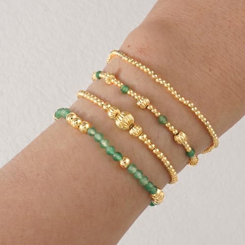 Dainty 14K Gold Lantern Beaded Bracelets Stack for Women,4PCS Colorful Glass Beads Stretch Stackable Bracelets Set Fashion Prom Jewelry Gift Friendship - color: Green