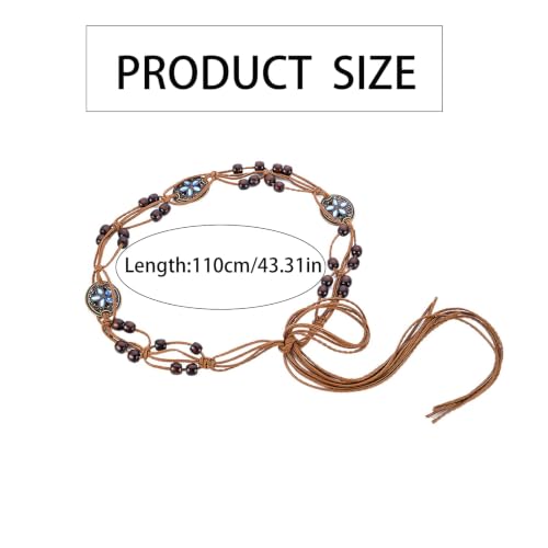 Boho Flower Wooden Bead Waist Belt, Vintage Woven Body Chain, Adjustable Cord Jewelry for Jeans Dress & Beach Wear - color: Brown