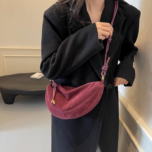 Suede Bags for Women Small Suede Purses Crescent Bag Crossbody Shoulder Bag Trendy Tote Handbags - color: B Suede Wine Red