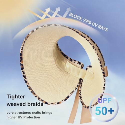 Women's Sun Visor Hats Wide Brim Beach Hat Straw Ponytail Visor Packable Foldable UPF 50+ Floppy Travel Hats - color: Beige02