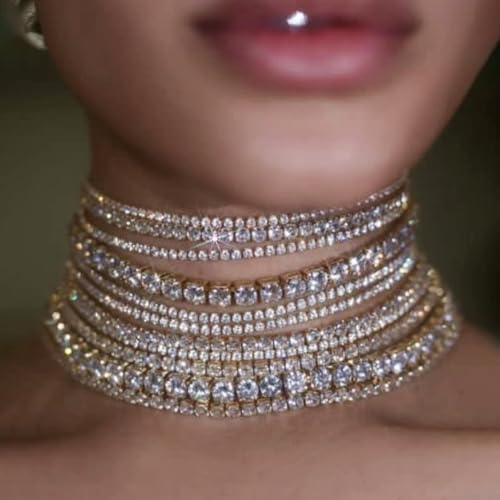 Rhinestone Bling Multi-layered Faux Diamond Choker Necklace for Women Unisex,Sparkly Iced Out Tennis Shiny Collar Neclace Prom Party Formal Dressy Necklace Statement Crystal Jewelry - color: silver