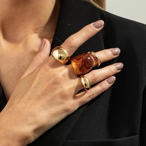 Chunky Adjustable Open Ring for Women Vintage Resin Geometric Ring Boho Statement Ring Set CZ Fashion Classic Jewelry Accessories - color: Gold2