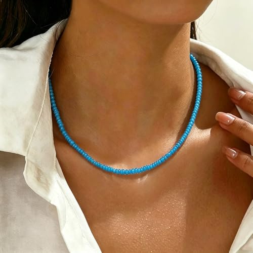 Tgirls Boho Choker Necklace Chain Rice Beaded Necklaces Seed Bead Necklace Accessory for Women - color: Blue