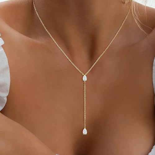 Luxval Diamond Pendant Gold Necklace for Women，Dainty 18k Gold Plated Choker Necklaces Simple Gold Jewelry Gifts for Women Girls - color: Gold-Y teardrop