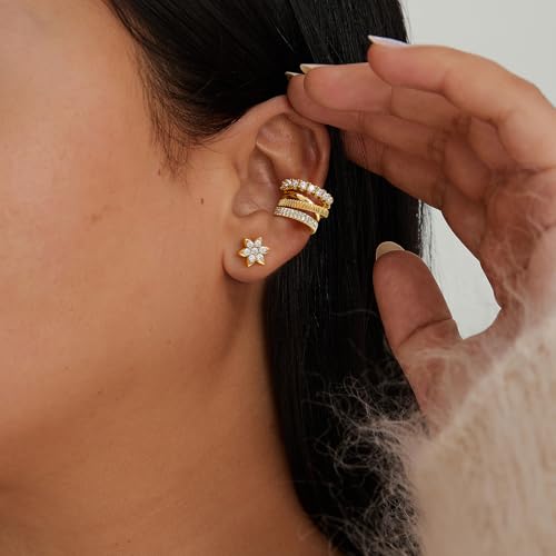DREMMY STUDIOS Women Ear Cuff Non Piercing | 14K Gold Plated Cubic Zirconia Fake Earrings Wrap Clip on Cartilage Earring | Lightweight Hypoallergenic Jewelry SINGLE EAR CUFF - style: Sparkle CZ